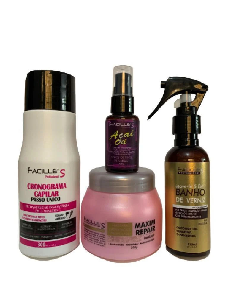 kit promocional cronograma óleo de Açai máscara maxim repair leavin 5x1 banho de verniz